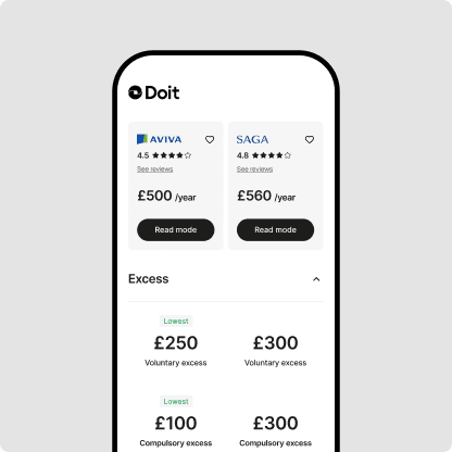 The Doit app comparing two insurance quotes side by side, with prices and excess levels
