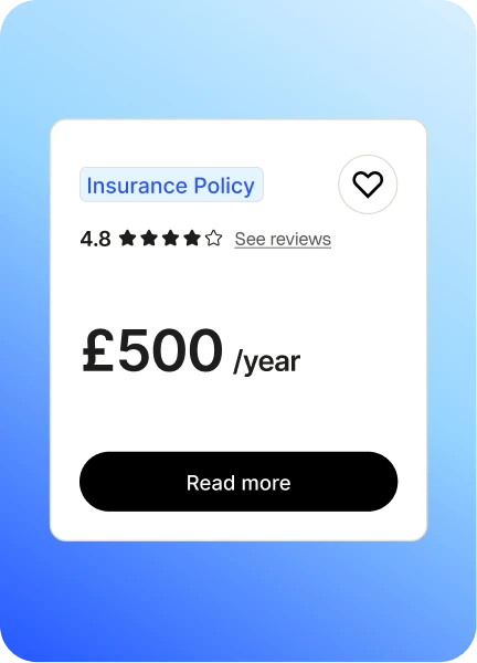 An insurance policy card rated 4.8 stars, at £500 a year, with a ‘Read more’ button