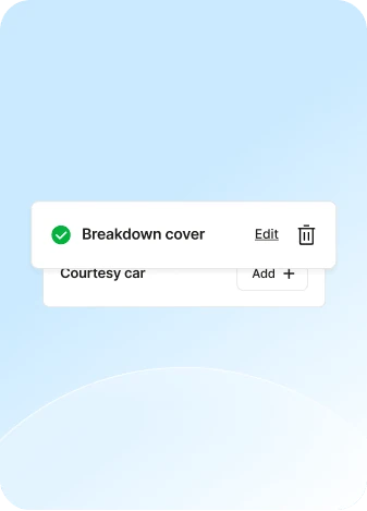 A breakdown cover add-on marked as selected, above a courtesy car option ready to add